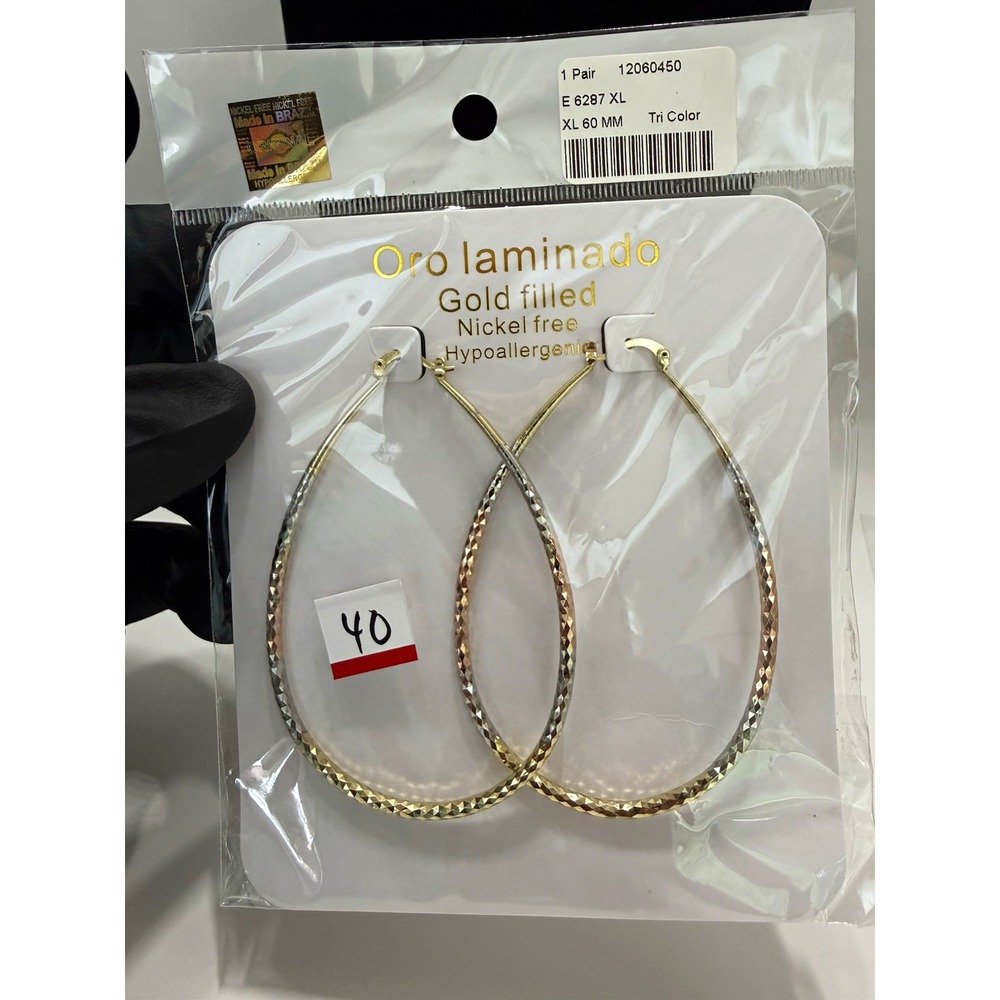 Oro laminado Gold Filled Nickel-Free Hypoallergenic Tri-Color Teardrop Hoop 60mm